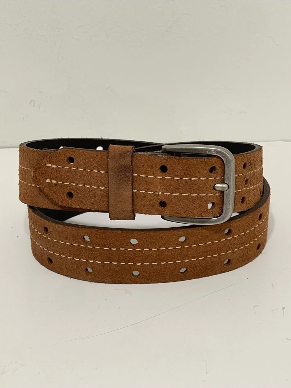 Brown Suede Leather Belt Perforated Contrast Stitching Gun Metal Buckle Youth 27
